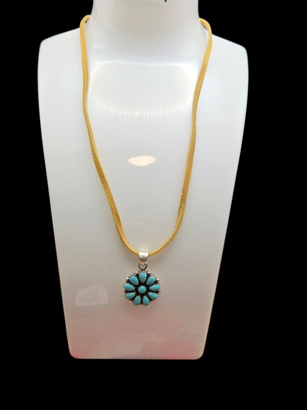 Sterling Silver Turquoise Flower Cluster Pendant Necklace 15-17 Inch Leather - Picture 2 of 4